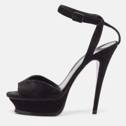 Saint Laurent Black Suede Ankle Strap Platform Sandals Size 37.5