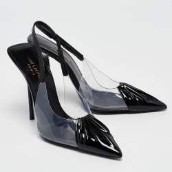 Pre Owned Saint Laurent Paris Black Patent Leather and PVC Pointed Toe Slingback Pumps Size 37