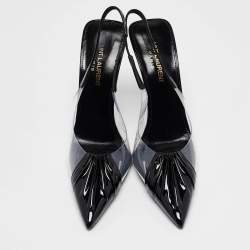 Pre Owned Saint Laurent Paris Black Patent Leather and PVC Pointed Toe Slingback Pumps Size 37