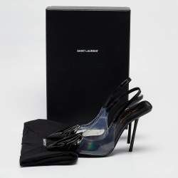 Pre Owned Saint Laurent Paris Black Patent Leather and PVC Pointed Toe Slingback Pumps Size 37