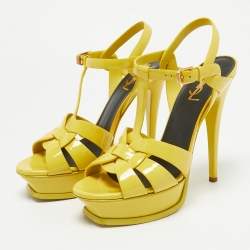 Pre Owned Saint Laurent Yellow Patent Tribute Platform Sandals Size 38