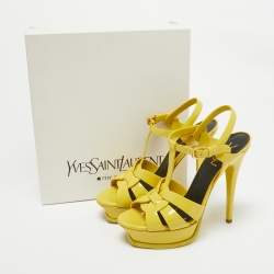 Pre Owned Saint Laurent Yellow Patent Tribute Platform Sandals Size 38