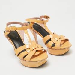 Saint Laurent Beige Patent Leather Tribute Platform Sandals Size 36