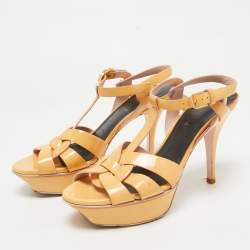 Saint Laurent Beige Patent Leather Tribute Platform Sandals Size 36