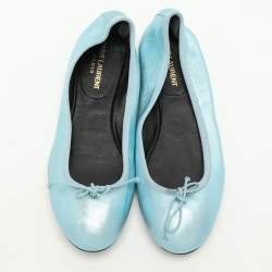 Saint Laurent Metallic Blue Leather Bow Ballet Flats Size 36