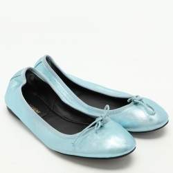 Saint Laurent Metallic Blue Leather Bow Ballet Flats Size 36