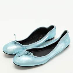 Saint Laurent Metallic Blue Leather Bow Ballet Flats Size 36