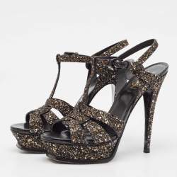 Saint Laurent Black Glitter Tribute Platform Sandals Size 38.5