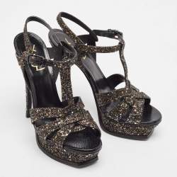 Saint Laurent Black Glitter Tribute Platform Sandals Size 38.5