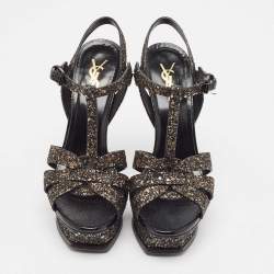 Saint Laurent Black Glitter Tribute Platform Sandals Size 38.5