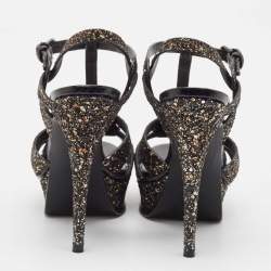 Saint Laurent Black Glitter Tribute Platform Sandals Size 38.5