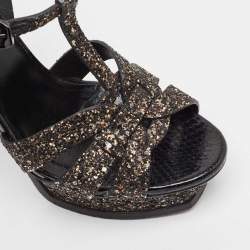 Saint Laurent Black Glitter Tribute Platform Sandals Size 38.5