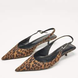 Pre Owned Saint Laurent Brown/Black Leopard Print Canvas Cherish Slingback Pumps Size 37.5