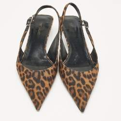 Pre Owned Saint Laurent Brown/Black Leopard Print Canvas Cherish Slingback Pumps Size 37.5