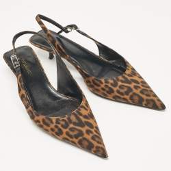 Pre Owned Saint Laurent Brown/Black Leopard Print Canvas Cherish Slingback Pumps Size 37.5