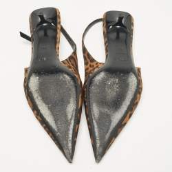Pre Owned Saint Laurent Brown/Black Leopard Print Canvas Cherish Slingback Pumps Size 37.5
