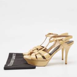 Saint Laurent Paris Beige Patent Leather Tribute Platform Ankle Strap Sandals Size 41