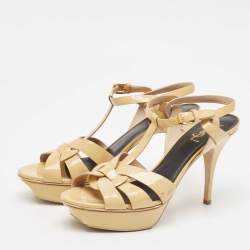 Saint Laurent Paris Beige Patent Leather Tribute Platform Ankle Strap Sandals Size 41