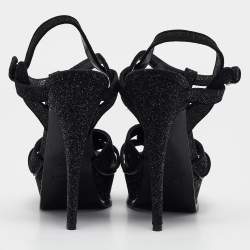 Saint Laurent Black Textured Suede Tribute Platform Sandals Size 38.5