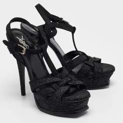 Saint Laurent Black Textured Suede Tribute Platform Sandals Size 38.5