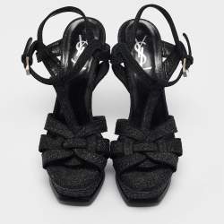 Saint Laurent Black Textured Suede Tribute Platform Sandals Size 38.5