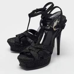 Saint Laurent Black Textured Suede Tribute Platform Sandals Size 38.5