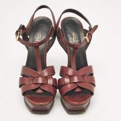 Saint Laurent Burgundy Leather Tribute Platform Sandals Size 39.5