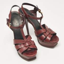 Saint Laurent Burgundy Leather Tribute Platform Sandals Size 39.5