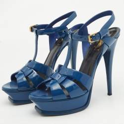 Saint Laurent Blue Patent Leather Tribute Platform Sandals Size 39