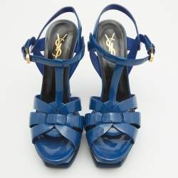 Saint Laurent Blue Patent Leather Tribute Platform Sandals Size 39