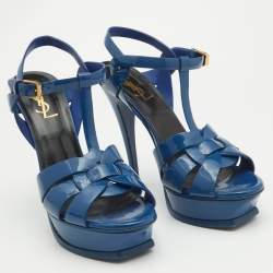 Saint Laurent Blue Patent Leather Tribute Platform Sandals Size 39