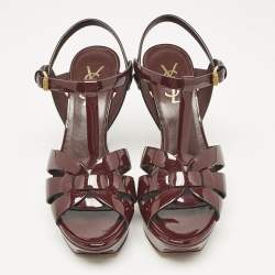 Saint Laurent Burgundy Patent Leather Tribute Sandals Size 37