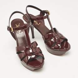 Saint Laurent Burgundy Patent Leather Tribute Sandals Size 37
