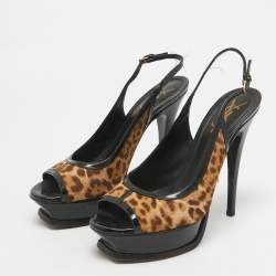 Saint Laurent Black/Brown Calf Hair and Patent Leather Peep Toe Pumps Size 37.5