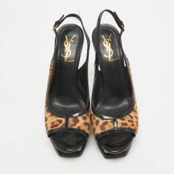 Saint Laurent Black/Brown Calf Hair and Patent Leather Peep Toe Pumps Size 37.5