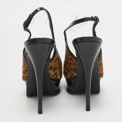 Saint Laurent Black/Brown Calf Hair and Patent Leather Peep Toe Pumps Size 37.5