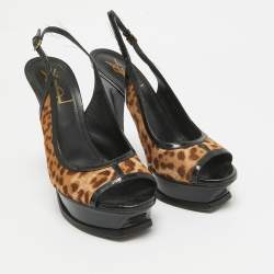 Saint Laurent Black/Brown Calf Hair and Patent Leather Peep Toe Pumps Size 37.5