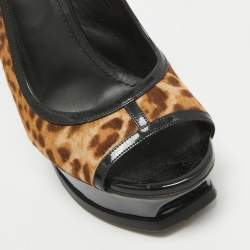 Saint Laurent Black/Brown Calf Hair and Patent Leather Peep Toe Pumps Size 37.5