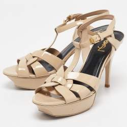 Saint Laurent Cream Patent Leather Tribute Platform Sandals Size 40.5