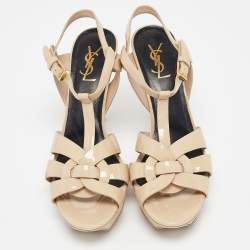 Saint Laurent Cream Patent Leather Tribute Platform Sandals Size 40.5