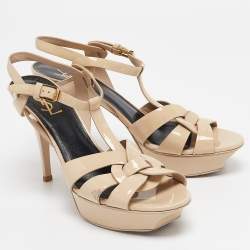 Saint Laurent Cream Patent Leather Tribute Platform Sandals Size 40.5
