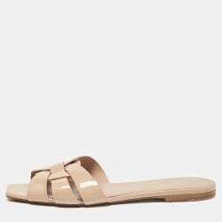 Pre Owned Saint Laurent Beige Patent Leather Tribute Flat Slides Size 38.5