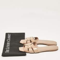 Pre Owned Saint Laurent Beige Patent Leather Tribute Flat Slides Size 38.5