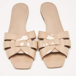Pre Owned Saint Laurent Beige Patent Leather Tribute Flat Slides Size 38.5