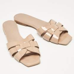Pre Owned Saint Laurent Beige Patent Leather Tribute Flat Slides Size 38.5