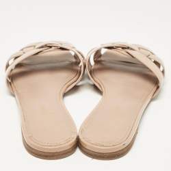 Pre Owned Saint Laurent Beige Patent Leather Tribute Flat Slides Size 38.5