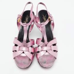 Saint Laurent Metallic Pink Leather Tribute Platform Sandals Size 40
