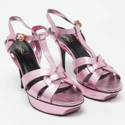 Saint Laurent Metallic Pink Leather Tribute Platform Sandals Size 40