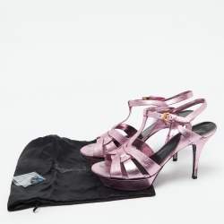 Saint Laurent Metallic Pink Leather Tribute Platform Sandals Size 40
