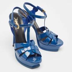Saint Laurent Blue Patent Leather Tribute Platform Sandals Size 39